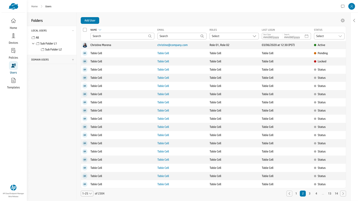 User directory with a Local Users / Domain Users folder tree, and a table of users with name, email, roles, last login, and an explicit status column reading Active, Pending, and Locked.
